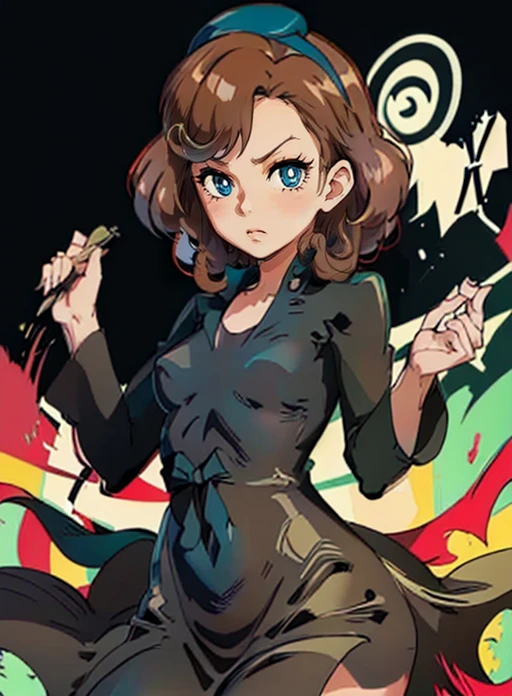 best quality, (masterpiece),(ultra-detailed), (high quality), (high resolution),  <lora:Tatsumaki:0.7>, tatsumaki cosplay, dress, black dress, cosplay,  <lora:katriellel:0.7> katrielle layton, brown hair, blue eyes, curly hair, hairband