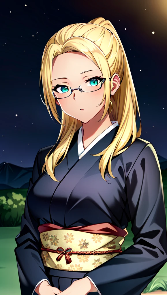 (extremely detailed CG unity 4k wallpaper),(masterpiece),(best quality),(ultra-detailed),(best illustration),(best shadow),(absurdres),(detailed background), <lora:OGT_Ashe-v2:0.7> Ashe, 1girl, solo, blonde hair, glasses, long hair, ponytail, dark skin, green eyes, dark-skinned female, outdoors, night sky, standing, japanese clothing, japanese dress, qipao