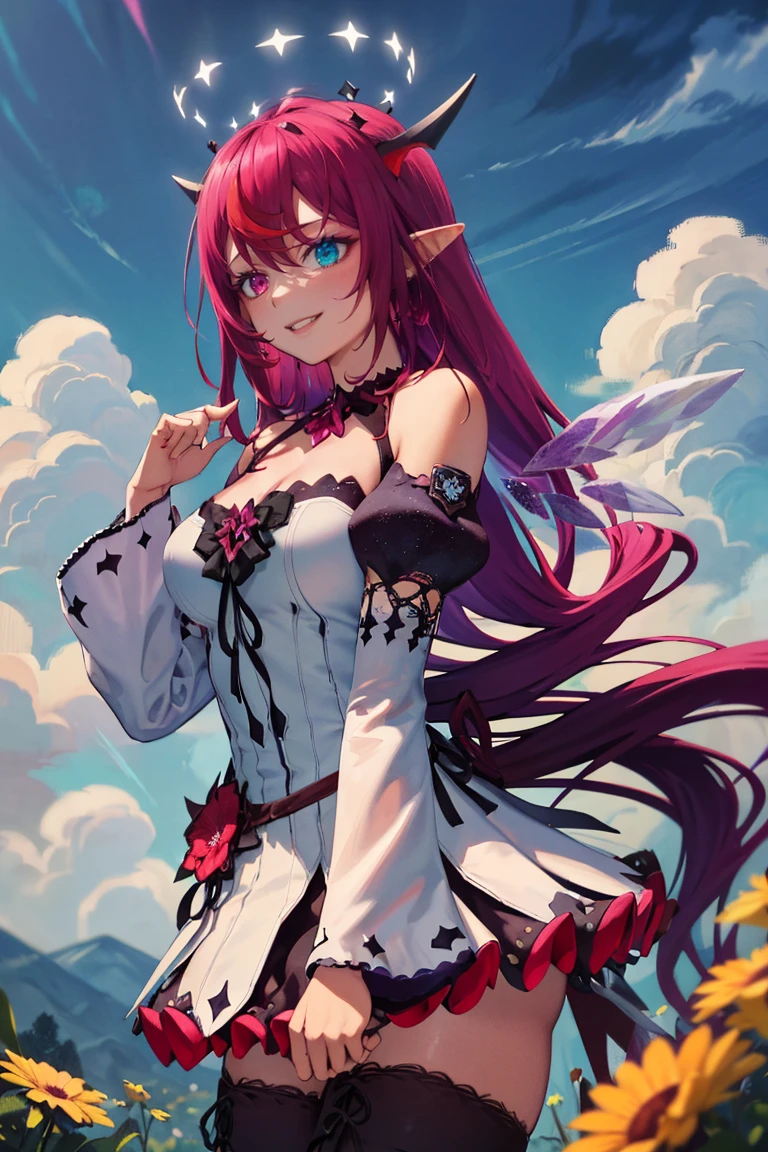 masterpiece, best quality, absurdres, IrysBase, heterochromia, long hair, double halo, detached wings, white dress, detached sleeves, bare shoulders, flower, purple thighhighs, smile, <lora:CHAR-IRySv2:1>