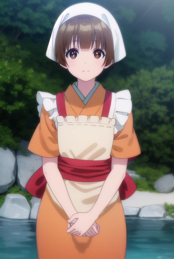 nakaichitose, <lora:nakai chitose s1-lora-nochekaiser:1>,
nakai chitose, short hair, brown hair, (brown eyes:1.3), bangs, blunt bangs, smile,
BREAK japanese clothes, kimono, apron, head scarf,
BREAK outdoors, hot spring, onsen,
BREAK looking at viewer, (cowboy shot:1.5),
BREAK <lyco:GoodHands-beta2:1>, (masterpiece:1.2), best quality, high resolution, unity 8k wallpaper, (illustration:0.8), (beautiful detailed eyes:1.6), extremely detailed face, perfect lighting, extremely detailed CG, (perfect hands, perfect anatomy),
