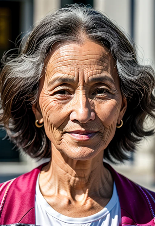 1 woman, 50 yos, close up, mi xup, solo, natural hair, standing on the street,elegant outfit, RAW photo, (high detailed skin:1.2), 8k uhd, dslr, high quality, film grain, Fujifilm XT3, visible pores