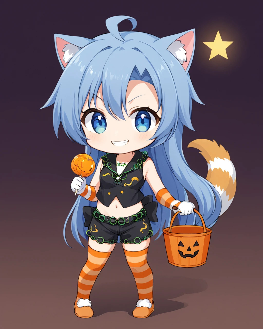 himemushi momoyo,1girl, solo, orange_bow, halloween_bucket, grin, halloween, tail, full_body, chibi, alternate_costume, paw_gloves, striped_thighhighs, halloween_costume, looking_at_viewer, collar, star_\(symbol\), crop_top, holding, lollipop, tree, hair_bow, black_shorts, midriff
<lora:himemushi_momoyo_image586_2023-12-20-000015:1>,star-shaped_pupils,symbol-shaped_pupils,. gorgeous,key visual, vibrant, studio anime,award-winning, professional, highly detailed,high budget, cinemascope