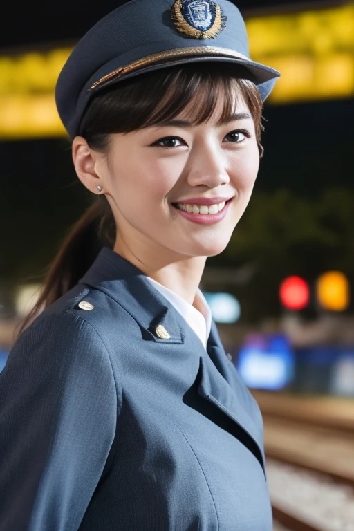 1girl,(RAW photo, best quality), (realistic, photo-realistic:1.4), masterpiece, an extremely delicate and beautiful, extremely detailed, 2k wallpaper, Amazing, finely detail, extremely detailed CG unity 8k wallpaper, ultra-detailed, highres, soft light, beautiful detailed girl, extremely detailed eyes and face, beautiful detailed nose, beautiful detailed eyes,cinematic lighting,on a train platform in tokyo,train track,city lights at night,perfect anatomy,slender body,smiling <lora:trainconductor_lora:0.7>,a woman in uniform,blue shirt,hat,jacket
<lora:ayaseharuka_lora:0.7>