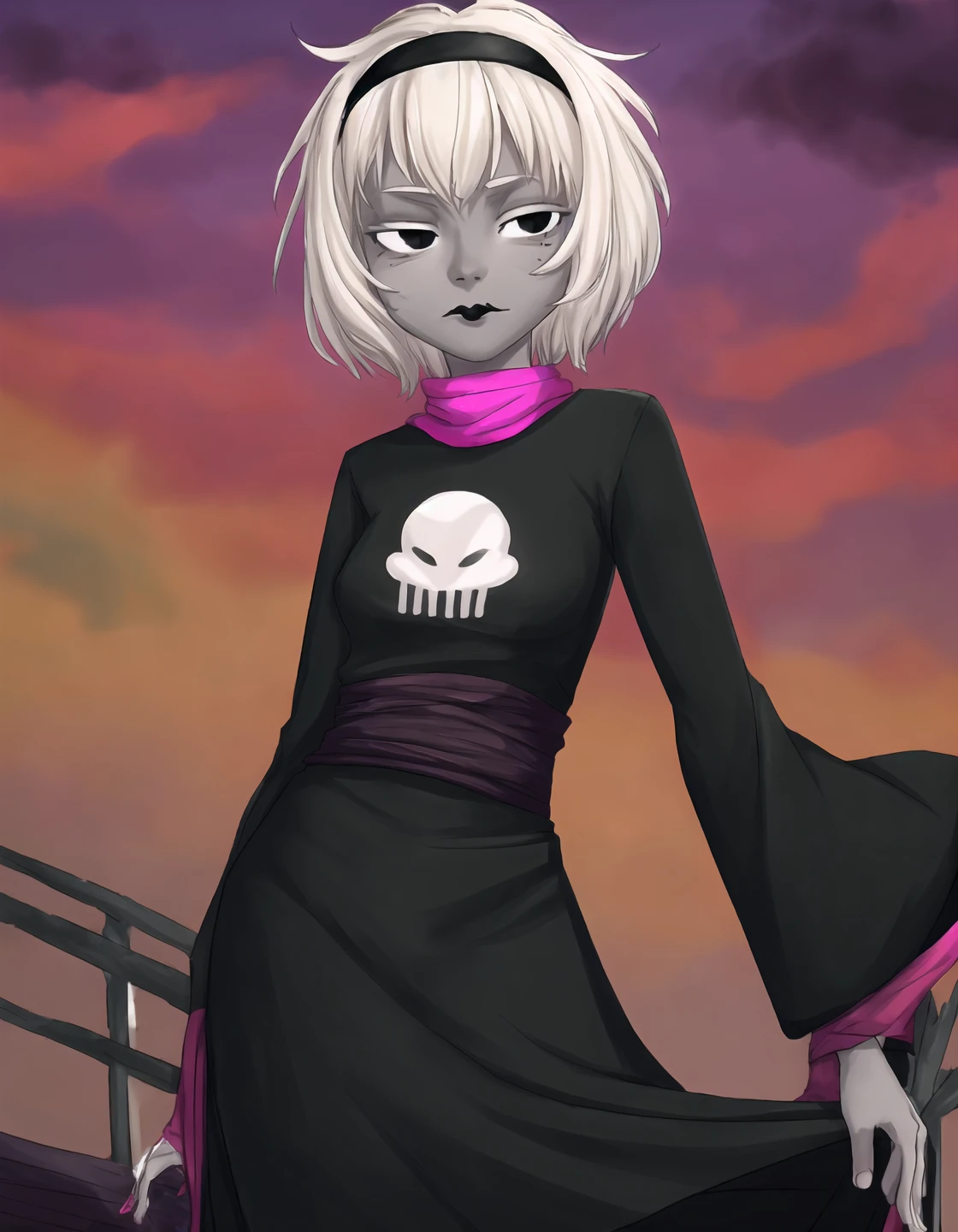 best quality, afterglow, 4k, ((masterpiece)), extremely detailed, 8k, trending on ArtStation, Intricate, High Detail, Sharp focus, rosebsd <lora:rosebsd:1.2>, symbol on dress, 1girl, solo, short hair, white hair, hairband, dress, (black dress), long sleeves, (layered sleeves), (grey skin), black eyes, black lips, standing, wide hips, <lora:more_details:0.5>, (outdoors), dark aura, glowing