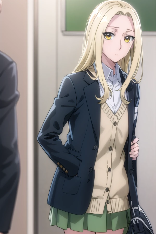 rioamakusa, <lora:rio amakusa s1-lora-nochekaiser:1>,
rio amakusa, long hair, blonde hair, (yellow eyes:1.2), (forehead:1.2),
BREAK skirt, shirt, long sleeves, school uniform, jacket, white shirt, pleated skirt, socks, miniskirt, blazer, cardigan, green skirt,
BREAK indoors, classroom,
BREAK looking at viewer, (cowboy shot:1.5),
BREAK <lyco:GoodHands-beta2:1>, (masterpiece:1.2), best quality, high resolution, unity 8k wallpaper, (illustration:0.8), (beautiful detailed eyes:1.6), extremely detailed face, perfect lighting, extremely detailed CG, (perfect hands, perfect anatomy),