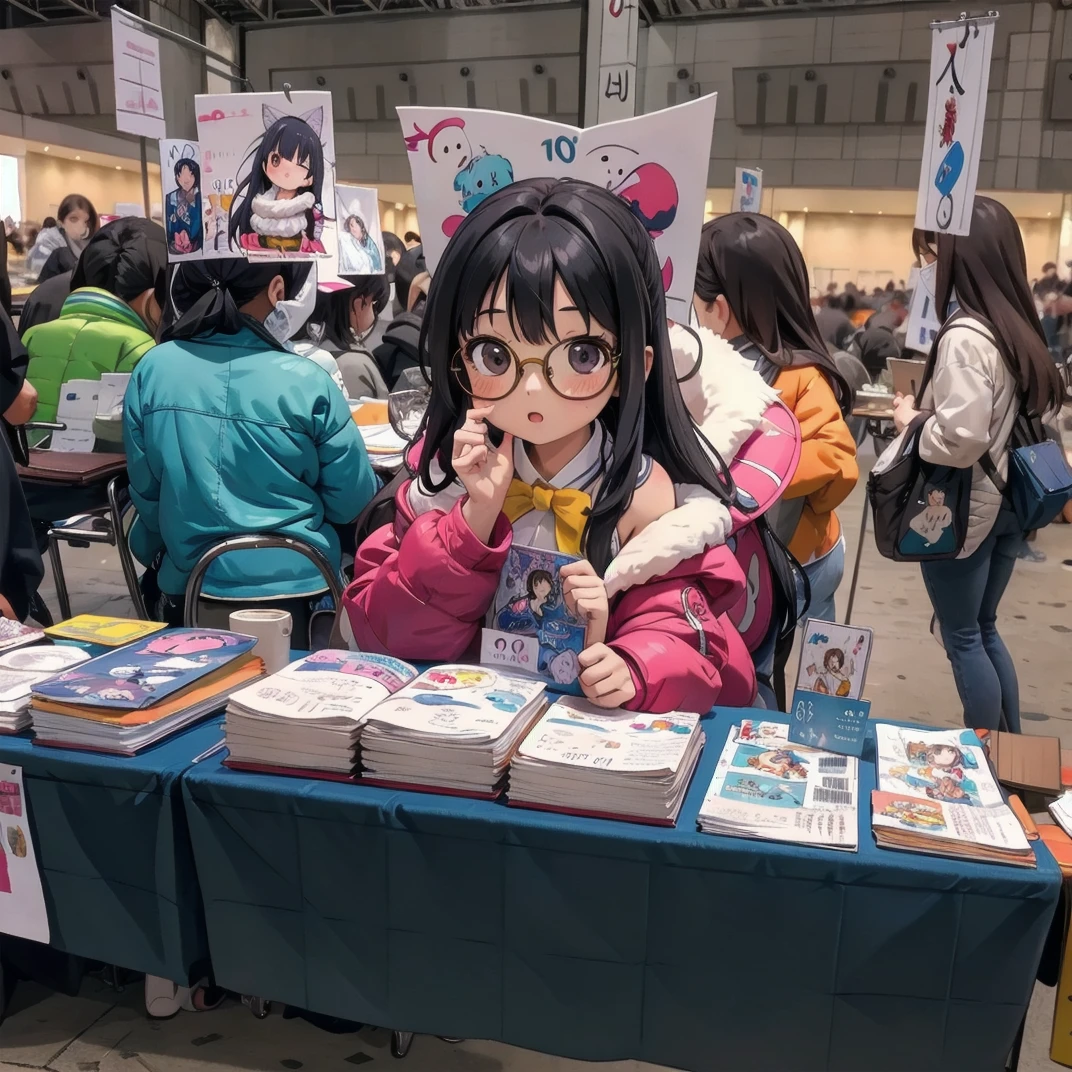 best quality, ultra-detailed, illustration, 1girl, glasses, black hair, long hair,
comiket, table, chair, book, indoors, photo background, multiple girls, chair, long hair
<lora:comiket_SD15_C103:1>