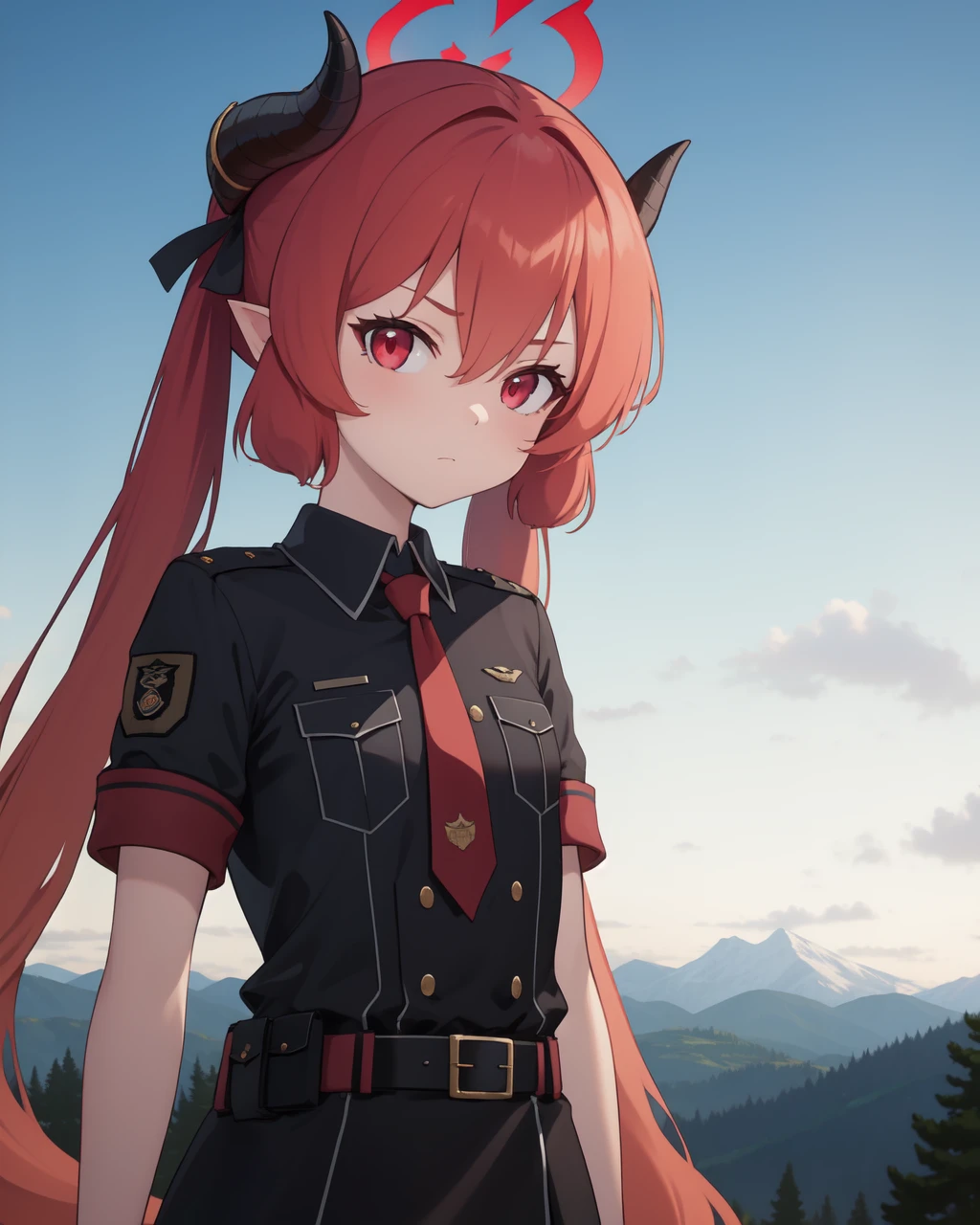 1girl, solo, ribbon, hair between eyes, twintails, very long hair, red hair, horns, pointy ears, red eyes, black ribbon, halo, demon horns, demon wings , junko (blue archive), outdoors, mountain, landscape, , looking at viewer, , necktie, collared shirt,belt, uniform, military, black shirt, military uniform, short sleeves,, 8K, masterpiece, beautiful