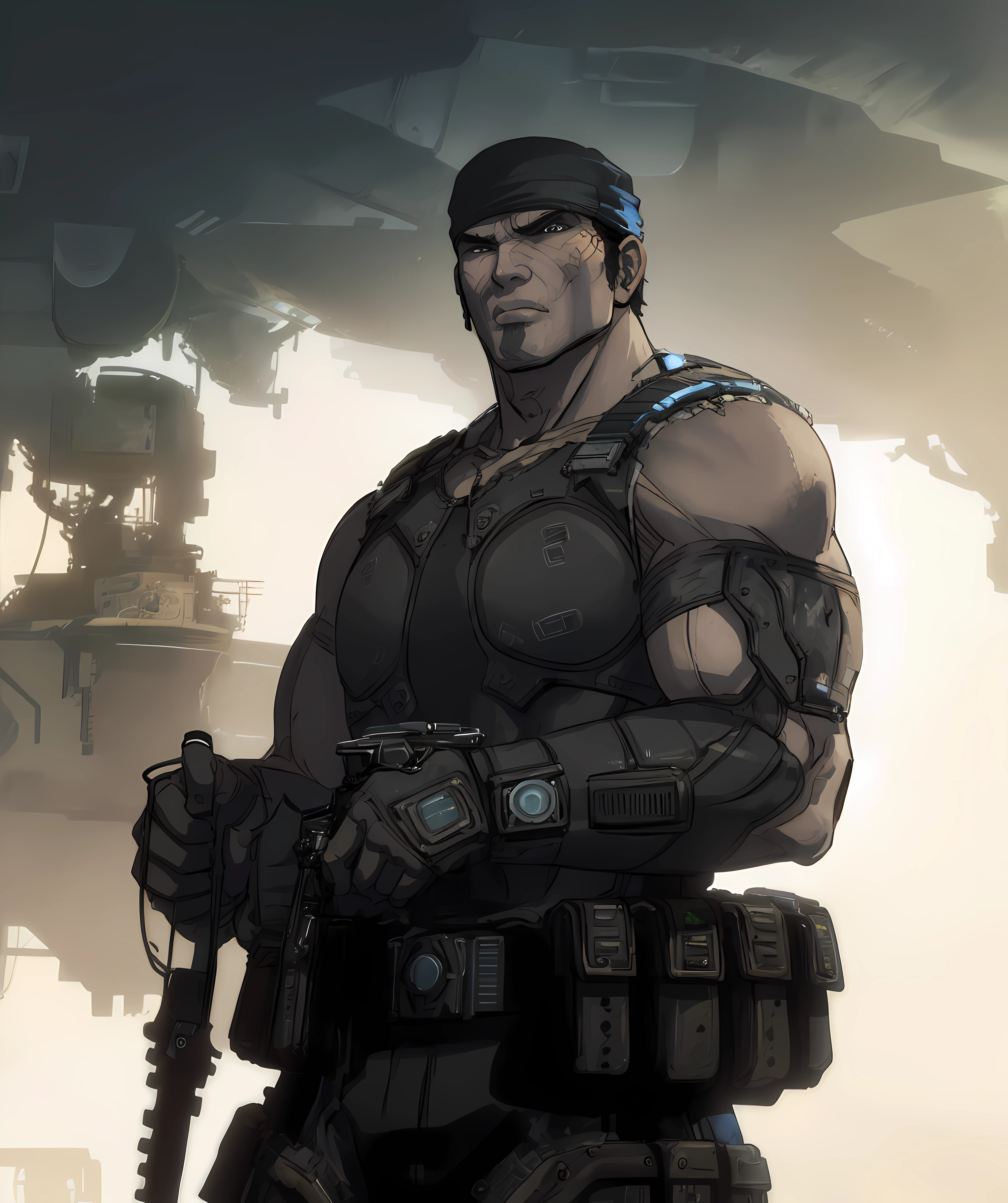 og_marcus_fenix, muscular, outdoor, gears of war setting, battlefield, carrying weapon <lora:OG_Marcus_Fenix:0.85> <lora:more_details:0>