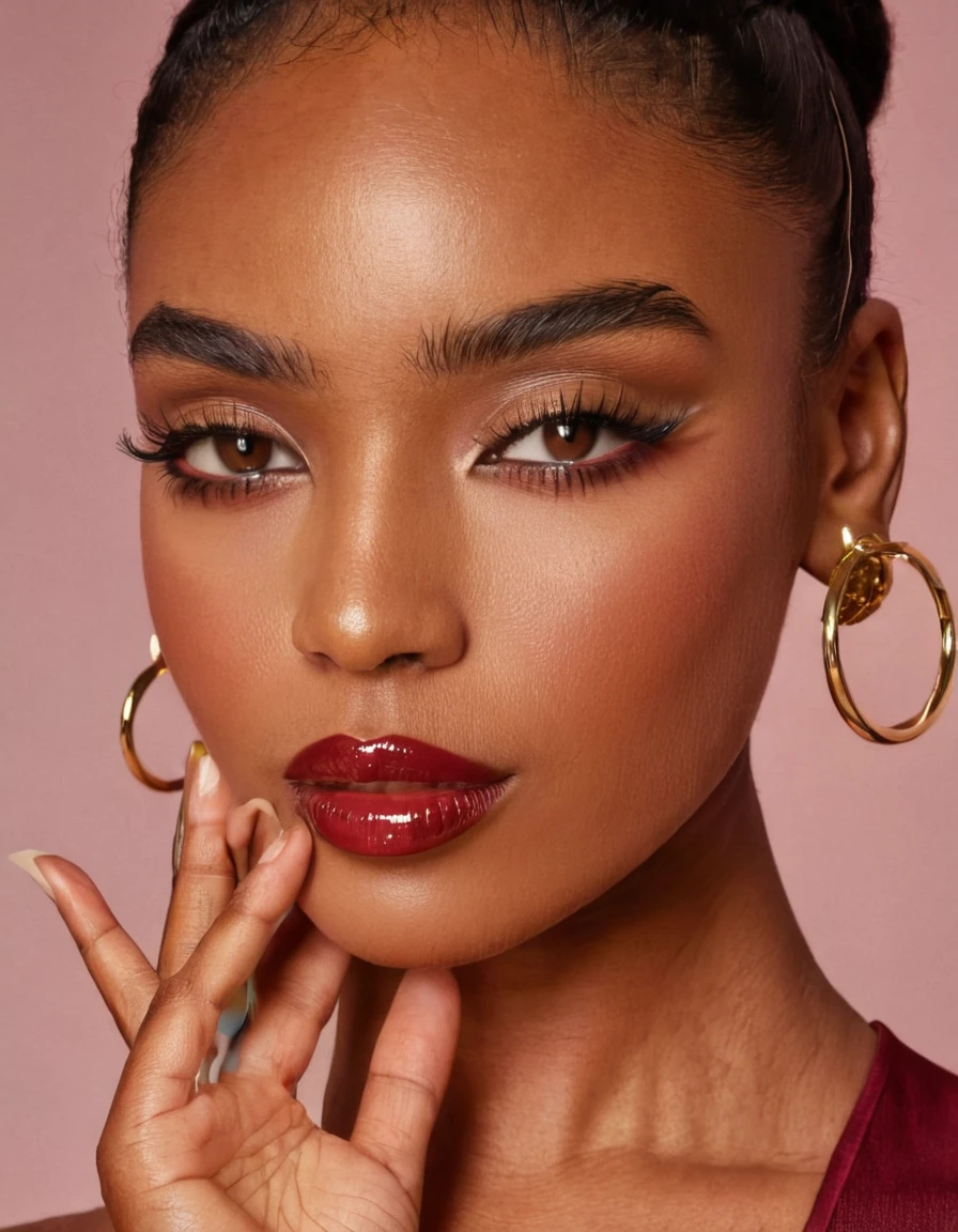 jewelry, hoop earrings, brown eyes, realistic, black hair, dark skin, lips, dark-skinned female, portrait, finger to mouth, close-up, looking at viewer, eyelashes, nose, shiny
<lora:Modern_MakeUp-000003:.75>, , <lora:FILM_PHOTOGRAPHY_STYLE:0.25>