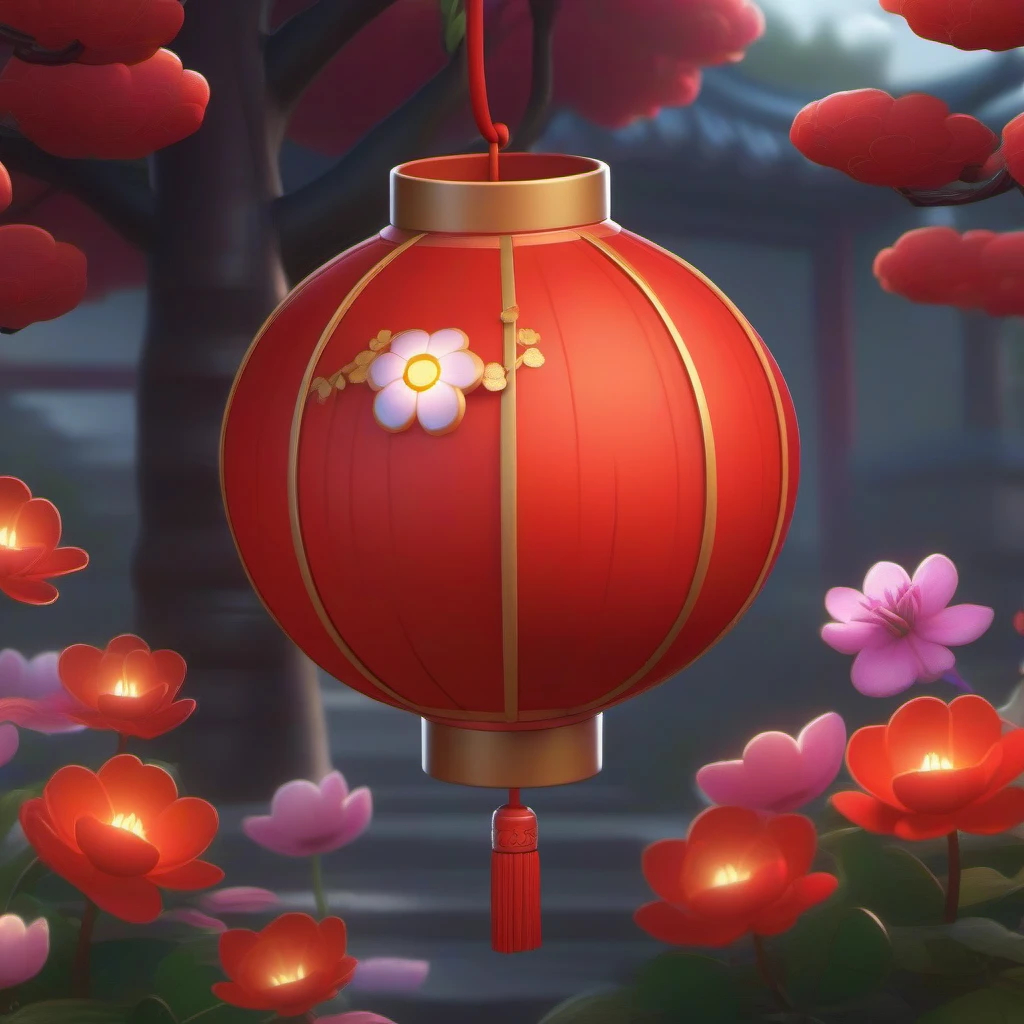 Red lantern,in the flowers,in the style of temmie chang,in the style of realistic and hyper-detailed renderings,strong diagonals,colorful illustrations,2D game art,black outline,3D rendering,4k resolution,best Quality,<lora:Red lantern_XSE_GAME_V1:0.8>,