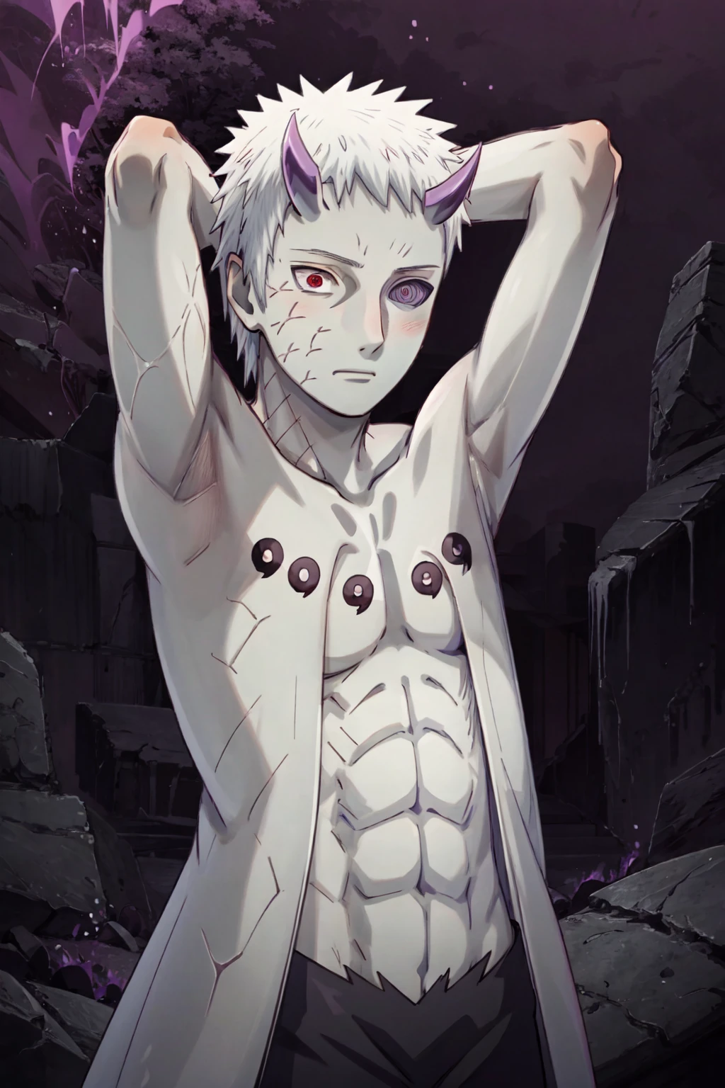 Obito, masterpiece, best quality, 1boy, pale skin, short hair, white hair, black pants, horns, purple aura, heterochromia, red eye, purple eye, upper body, blushing, looking away, arms behind head, armpits, abs <lora:Obito_Jinchuriki:1>,