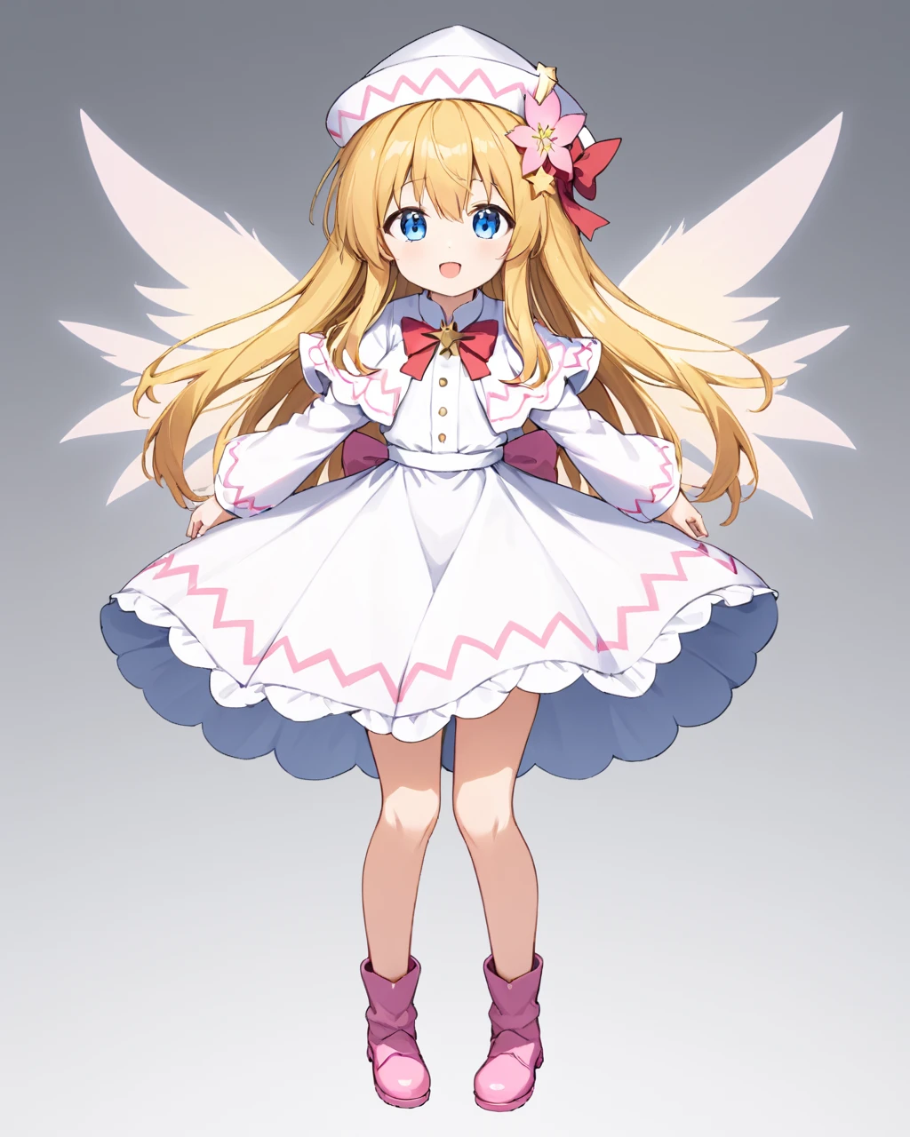 lily white,1girl, solo, hat, boots, open_mouth, hair_flower, white_background, full_body, fairy_wings, simple_background, looking_at_viewer, white_dress, floral_print, long_sleeves, spread_arms, pink_footwear
<lora:lily_white_image2706_2023-12-17-000010:1>,star-shaped_pupils,symbol-shaped_pupils,. gorgeous,key visual, vibrant, studio anime,award-winning, professional, highly detailed,high budget, cinemascope