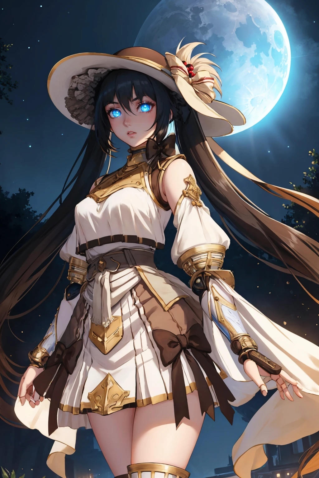 masterpiece, best quality, <lora:ysdoll-nvwls-v1-000010:0.9> ysdoll, doll joints, twintails, brown hat, bow, white dress, detached sleeves, vambraces, blue eyes, (glowing eyes:1.3), pleated skirt, looking at viewer, night, cobblestones, night sky