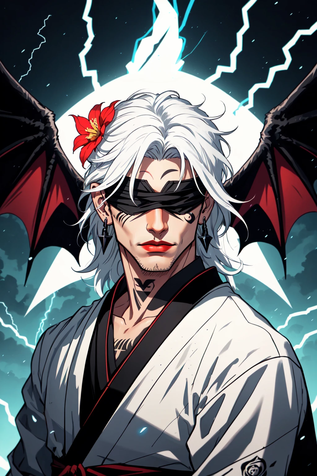 1boy, male focus, mature male, solo, long hair, closed mouth, maori, pasifika, tattoo, facial tattoo, upper body, flower, hair ornament, jewelry, two tone hair, red hair, streaked hair, white hair, earrings, japanese clothes, hair flower, kimono, lips, white flower, bat wings, demon wings, black feathered wings, glowing, lightning bolts, magic, specular highlights, black background, white kimono, blindfold, red lips, covered eyes