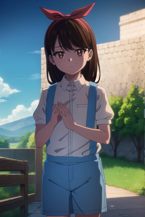 zombieanju, <lora:zom100 anju s1-lora-nochekaiser:1>,
anju, long hair, black hair, (brown eyes:1.5), hairband, ribbon, hair ribbon,
BREAK shirt, bow, white shirt, short sleeves, suspenders,
BREAK outdoors, village, sun, sky, clouds,
BREAK looking at viewer, (cowboy shot:1.5),
BREAK <lyco:GoodHands-beta2:1>, (masterpiece:1.2), best quality, high resolution, unity 8k wallpaper, (illustration:0.8), (beautiful detailed eyes:1.6), extremely detailed face, perfect lighting, extremely detailed CG, (perfect hands, perfect anatomy),
