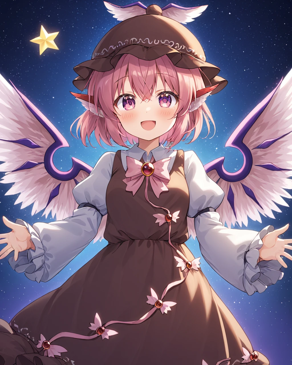 mystia lorelei,1girl, solo, open_mouth, smile, puffy_sleeves, brown_dress, bird_wings, long_sleeves, looking_at_viewer, fang, blush, winged_hat, brown_headwear, mob_cap
<lora:mystia_lorelei_image8444_2023-12-14-000007:1>,star-shaped_pupils,symbol-shaped_pupils,. gorgeous,key visual, vibrant, studio anime,award-winning, professional, highly detailed,high budget, cinemascope