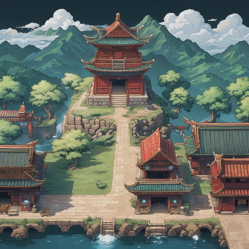 scenery,outdoors,east asian architecture,mountain,chinese town scene,2d game scene,<lora:chinese town:0.7>,