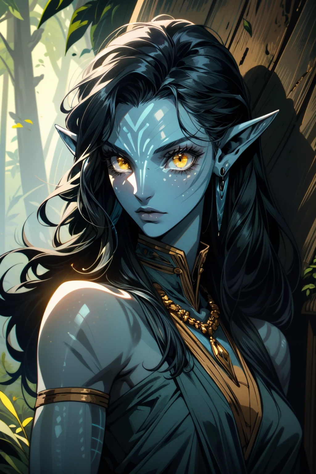 ((ultra detailed, masterpiece, best quality))
<lora:AvatarNeytiri:0.9>
AvatarNeytiri, 1girl, solo, black hair, yellow eyes, blue skin, pointy ears, jewelry, earrings