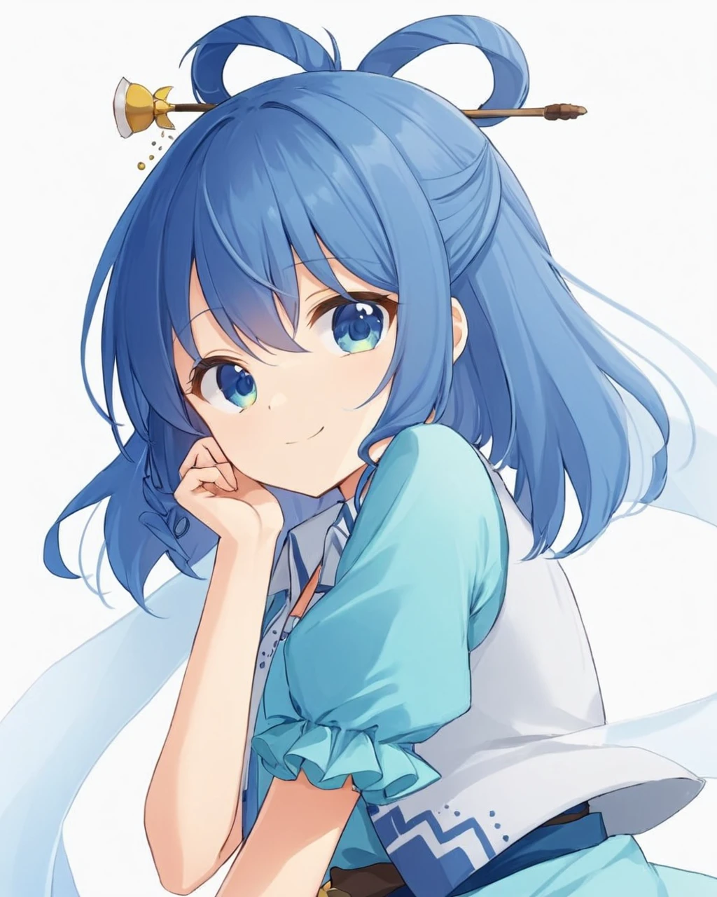 kaku seiga,1girl, solo, hair_stick, hair_rings, white_background, smile, looking_at_viewer, simple_background, puffy_short_sleeves, upper_body, white_vest, hagoromo, closed_mouth, blue_dress, hand_on_own_chin, looking_to_the_side
<lora:kaku_seiga_image5477_2023-12-20-000009:1>,star-shaped_pupils,symbol-shaped_pupils,. gorgeous,key visual, vibrant, studio anime,award-winning, professional, highly detailed,high budget, cinemascope