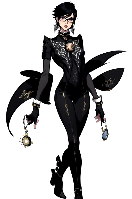 <lora:bayonetta:0.8>,bayonetta2,1girl,solo,looking at viewer,short hair,simple background,black hair,gloves,jewelry,earrings,glasses,elbow gloves,white gloves,mole,lips,bodysuit,makeup,alternate hairstyle,lipstick,mole under mouth,eyeshadow,alternate hair length,amulet, full body