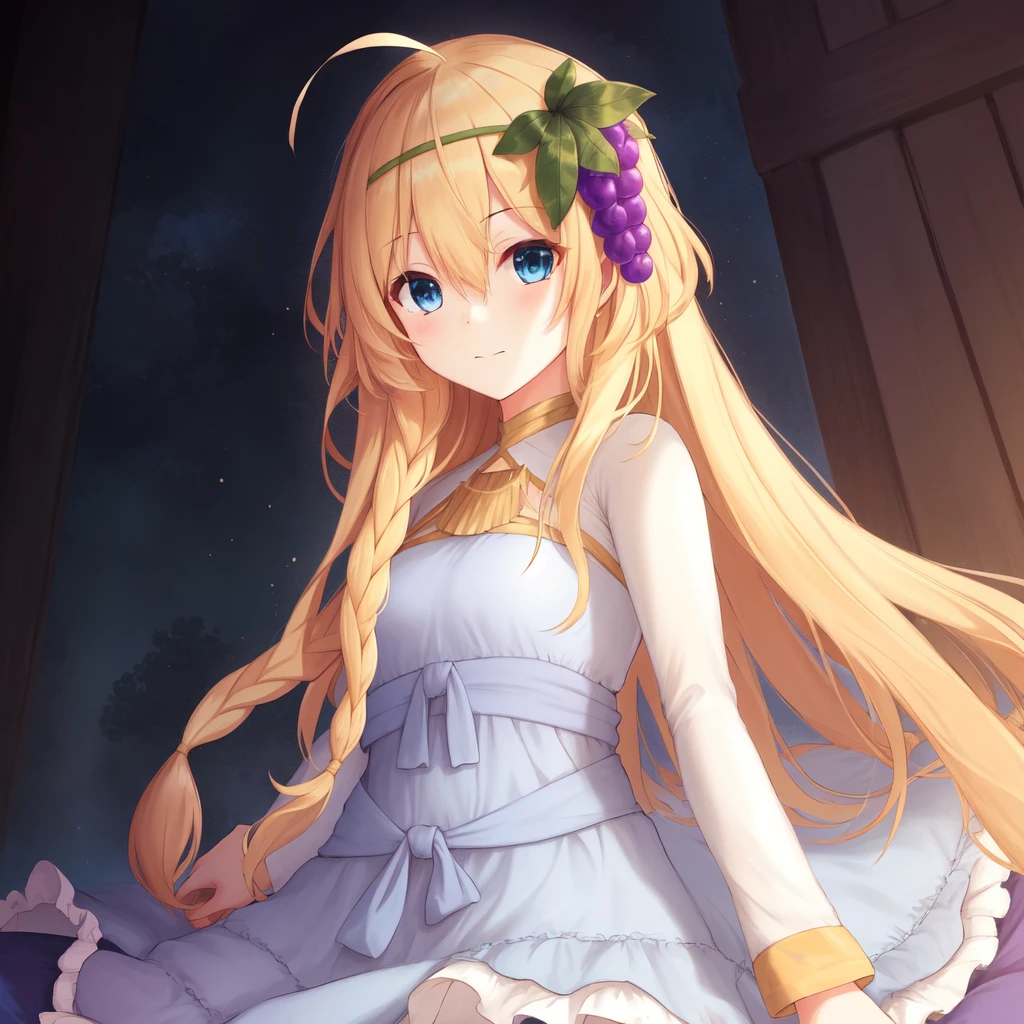 <lora:Belzerg_Stylish_Sword_Iris-1024:1>,1girl, solo, blonde hair, long hair,hair between eyes, blue eyes,ahoge, braid, hair ornament,grapes, blue dress, long sleeves, gradient dress, layered dress, dress,