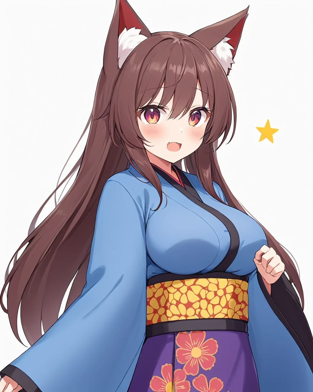 imaizumi kagerou,1girl, solo, white_background, fang, open_mouth, wide_sleeves, simple_background, looking_at_viewer, long_sleeves, alternate_costume, obi, blush, large_breasts, :d, animal_ear_fluff, cowboy_shot, purple_kimono, standing, blue_kimono, floral_print, sleeves_past_wrists, v-shaped_eyebrows
<lora:imaizumi_kagerou_image5677_2023-12-20-000008:1>,star-shaped_pupils,symbol-shaped_pupils,. gorgeous,key visual, vibrant, studio anime,award-winning, professional, highly detailed,high budget, cinemascope