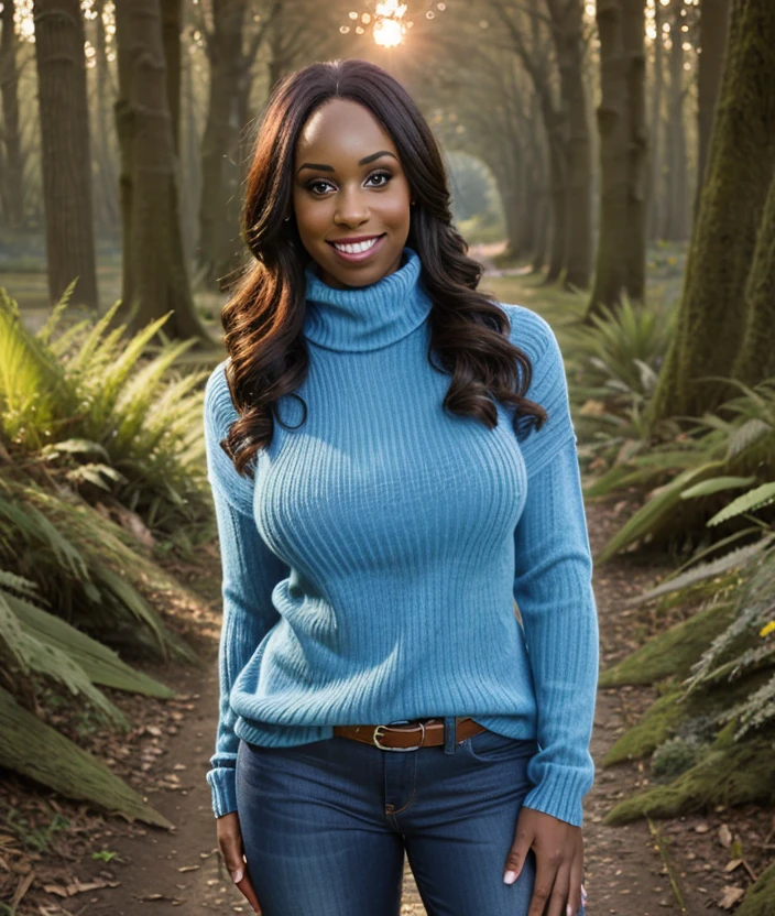 c0d1br1 , smile, nature, breast, Colorful flowers, Sunset, soft light, intricate, upper body, Hallerbos, Blue flowers in the undergrowth, codi bryant, ((Turtleneck sweater)), jeans