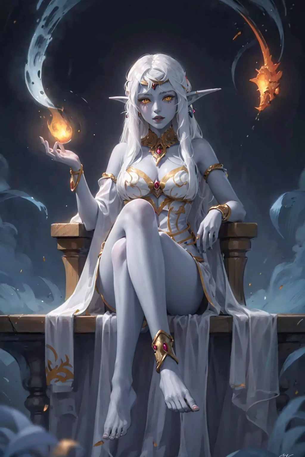 (high quality, detailed, beautiful),
1girl, perfect face,
Azshara, elf ears, long ears, white hair, long hair, long brows, colored skin, blue skin, grey skin, yellow eyes, jewelry
white clothes, sitting, legs crossed, barefoot,
dark background,
<lora:Queen_Azshara_Elf__World_of_Warcraft:0.7>