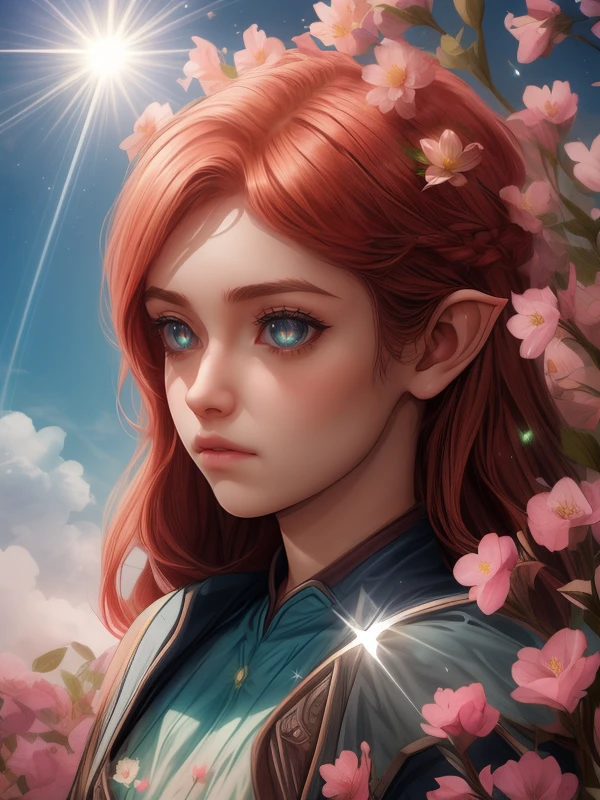 a girl, <lora:half-elf_ears_v1:1> half-elf ears, beautiful girl, three quater view, redhead, highlight eyes, detailed eyes, luminous eyes
flowers, beautiful sky, clouds, lens flare, sparkles
dawn, shoulder level shot, diffused lighting, crepuscular rays, volumetric lighting
art nouveau style, ultrarealistic, photorealistic, many details <lora:add_detail:0.7>