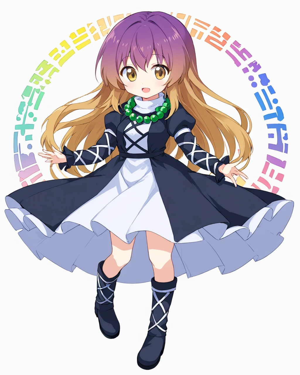hijiri byakuren,1girl, sorcerer's_sutra_scroll, solo, layered_dress, white_background, cross-laced_clothes, simple_background, open_mouth, white_dress, black_footwear, juliet_sleeves, turtleneck_dress, full_body, black_dress, beads, boots, necklace, :d, looking_at_viewer, chibi
<lora:hijiri_byakuren_image2907_2023-12-20:1>,star-shaped_pupils,symbol-shaped_pupils,. gorgeous,key visual, vibrant, studio anime,award-winning, professional, highly detailed,high budget, cinemascope