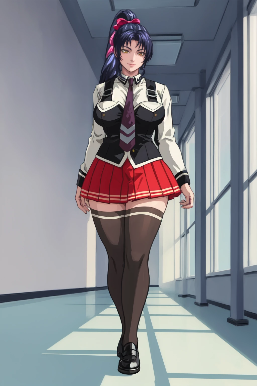 (high quality:1.2), intricate detailed, digital art,
KozonoNami, 1girl, solo, walking, full body,
looking at viewer, smile,
yellow eyes, long hair, black hair, ponytail, hair bow,
(school uniform:1.2), white shirt, (vest, suspenders:1.2), miniskirt, red necktie, black thighhighs, shoes,
curvy, large breasts,
school, day, indoors,
<lora:KozonoNami:0.9>
