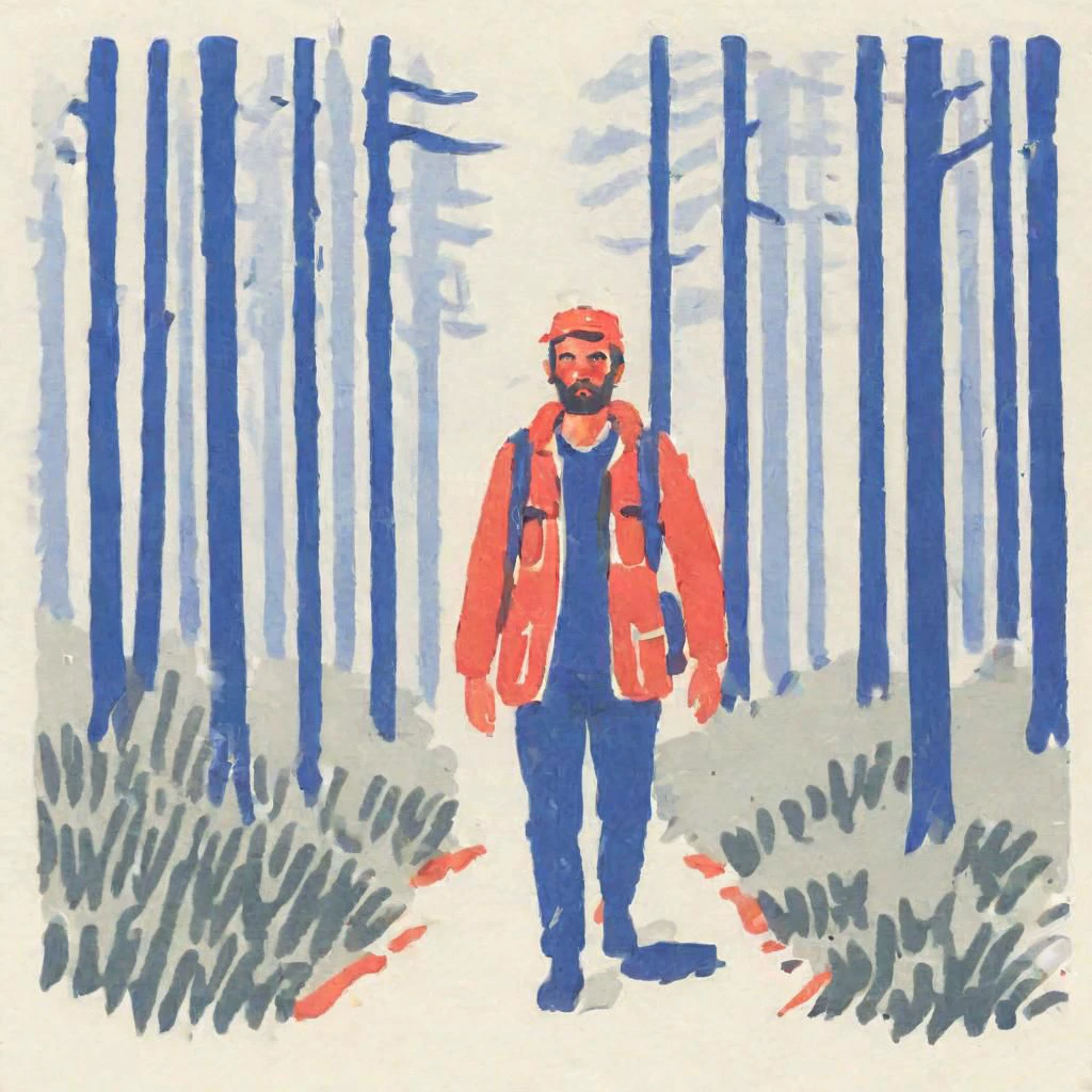 ASCIIIllustration ,man camper, facing, looking at camera, walking, deep forest, on a white background