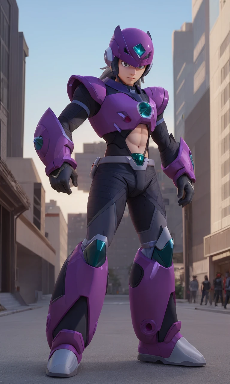 mgmgrv2023, helmet, 1boy, best quality, masterpiece, 5 fingers, depth of field, intricate, photorealistic, purple armor, green accents, powerful, cyberpunk city, grey hair, pixar style, action pose.