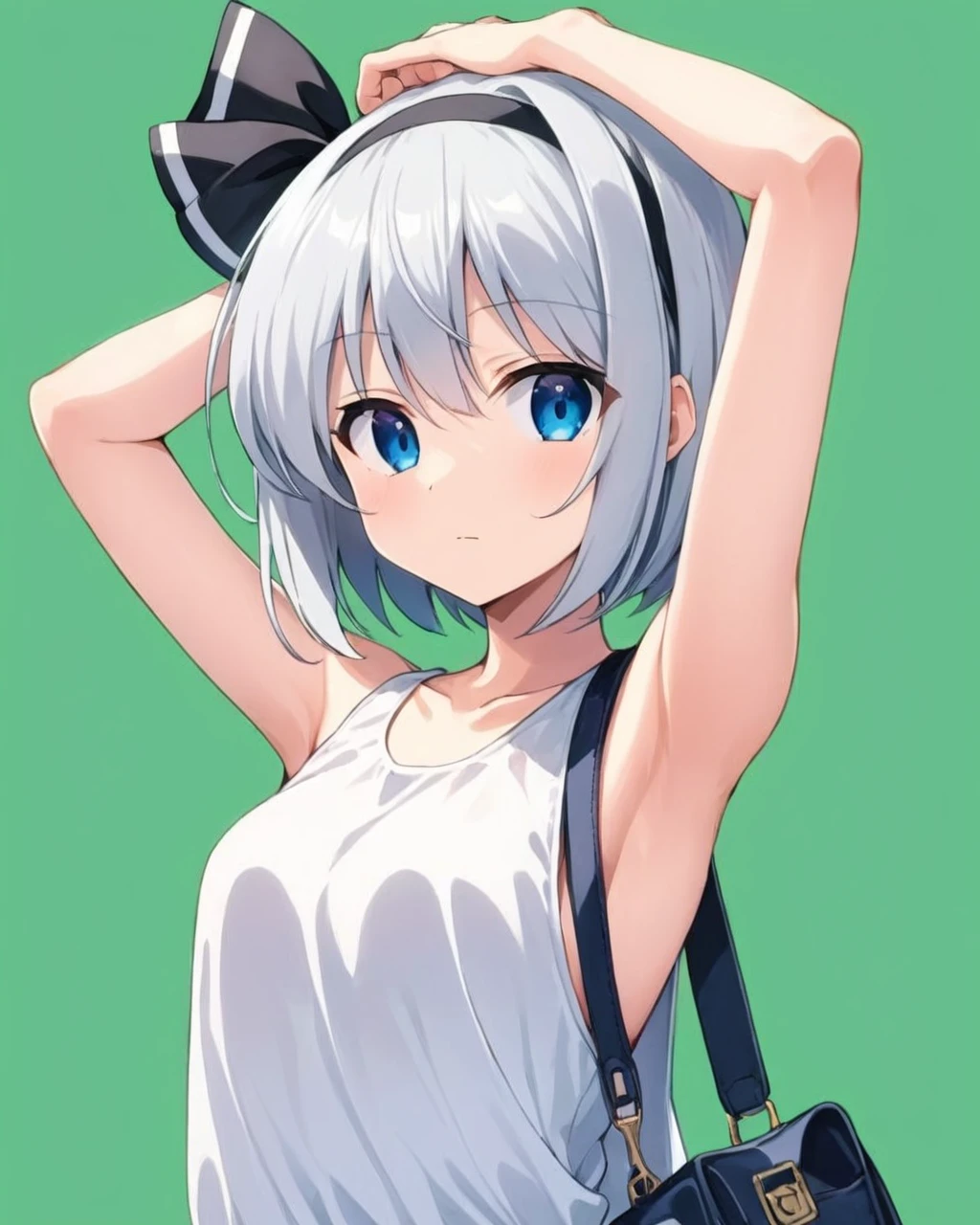 konpaku youmu,1girl, solo, black_hairband, white_dress, armpits, looking_at_viewer, arms_behind_head, character_name, arms_up, sleeveless_dress, cowboy_shot, simple_background, black_bow, ribbon, closed_mouth, shoulder_bag, green_background
<lora:konpaku_youmu_image12882_2023-12-14-000004:1>,star-shaped_pupils,symbol-shaped_pupils,. gorgeous,key visual, vibrant, studio anime,award-winning, professional, highly detailed,high budget, cinemascope