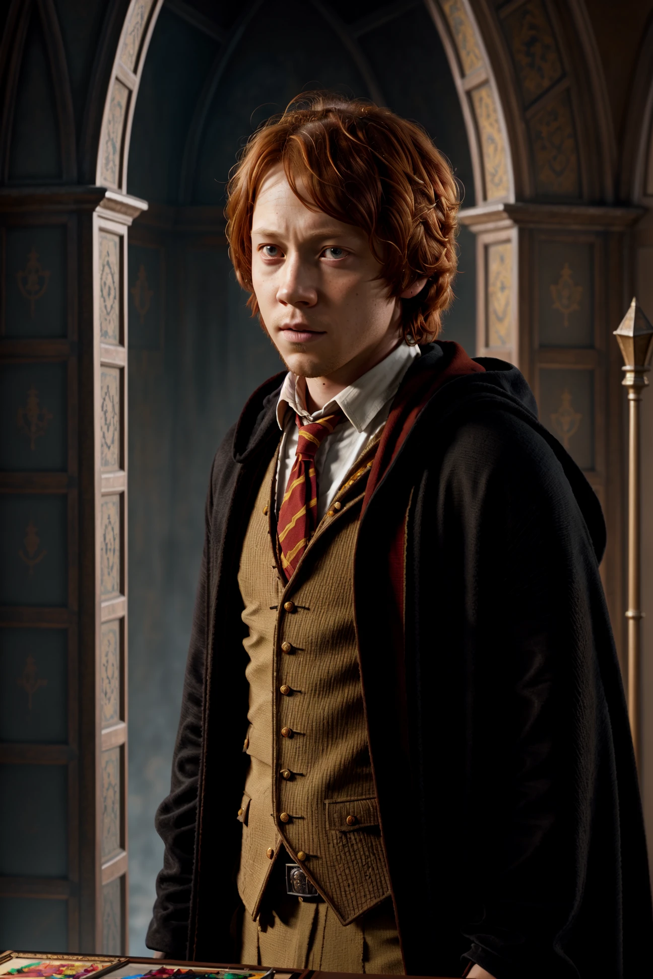 (RWRG, a good looking man, a male, a boy, short ginger hair, wearing a Hogwarts uniform, with a black robe, Gryffindor colors, at Hogwarts:1.3), painting by Boris Vallejo, Lightning and rays from dark clouds, Twilight mood, 8K, close-up, detailed, hdr, epic background, line art, digital illustration, comic style, dynamic, highly detailed, artstation, concept art, smooth, sharp focus, illustration, Thomas Moran style, art by Carne Griffiths and Wadim Kashin, detailed background, 60-30-10 color rule, warm tones, godrays, unreal engine, greg rutkowski, loish, rhads, beeple, makoto shinkai and lois van baarle, ilya kuvshinov, rossdraws, tom bagshaw, alphonse mucha, global illumination, detailed and intricate environment <lora:more_details:0.25> <lyco:GoodHands-beta2:1.0>