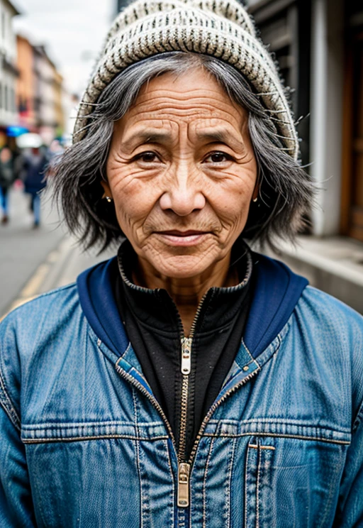 1 woman,50 yos, close up, mi xup, solo, standing on the street, casual outfit, RAW photo, (high detailed skin:1.2), 8k uhd, dslr, high quality, film grain, Fujifilm XT3, visible pores