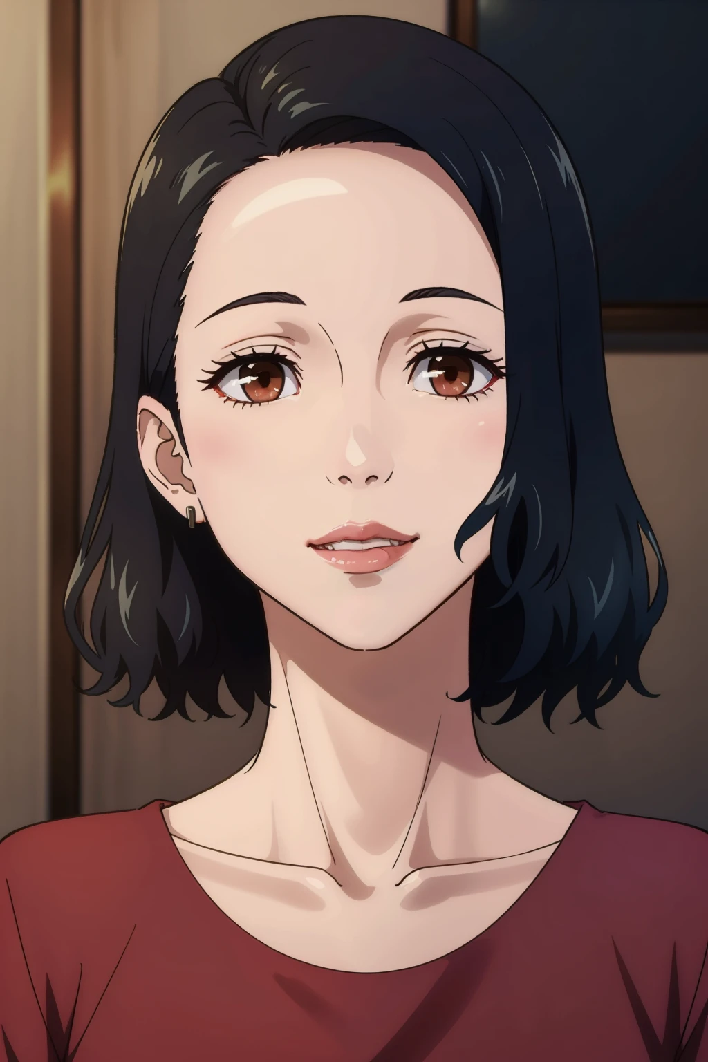 1girl, solo, ynagi, <lora:Nagi-10:0.6>, , brown eyes, smile, lips, black hair, (best quality:1.3), (masterpiece:1.3),red shirt,portrait, face