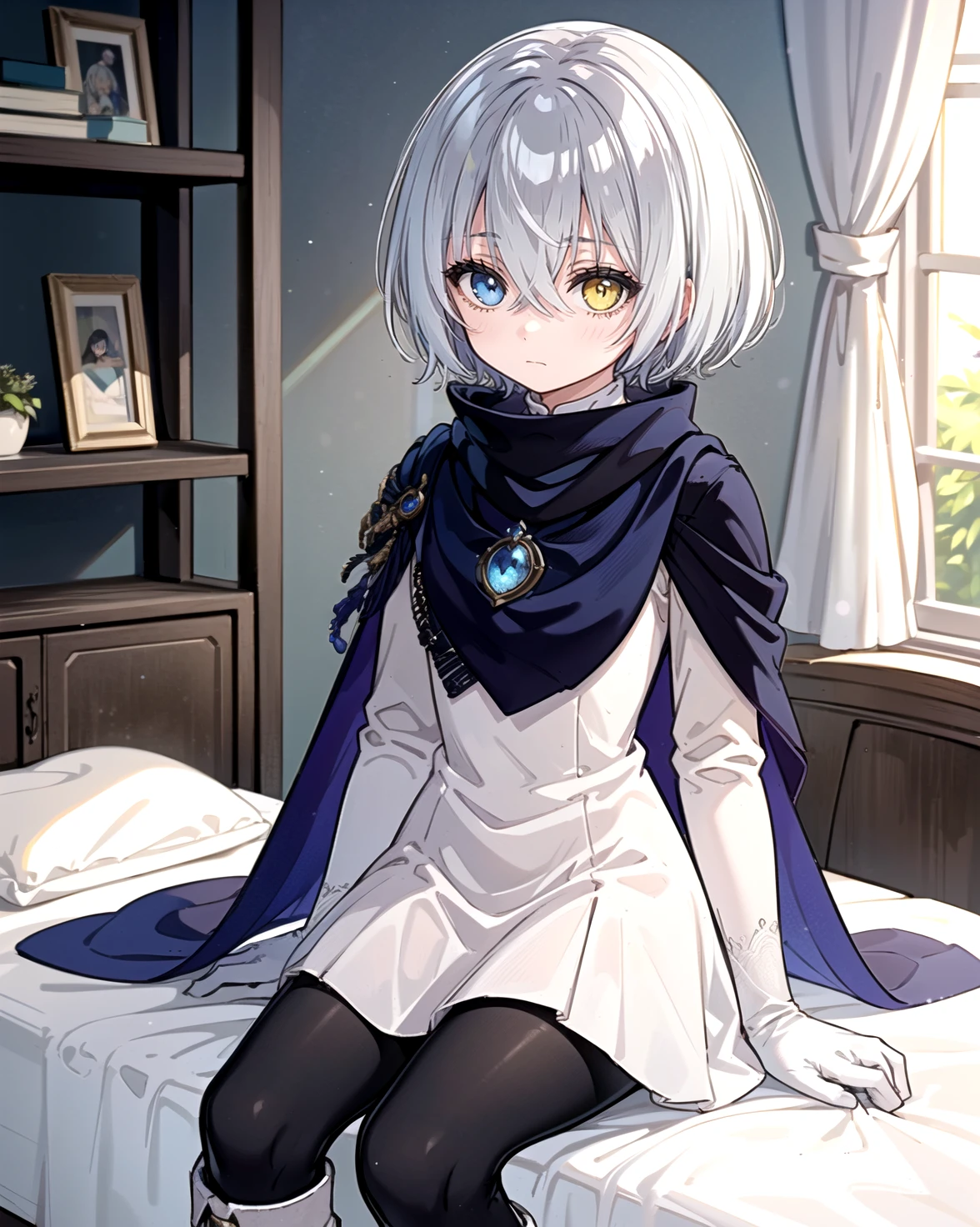 best quality, (masterpiece:1.2), illustration, absurdres,
(1girl, solo), (beautiful detailed girl),
<lora:Nazamil:0.9>, Nazamil Hildris, short hair, grey hair, white hair, (hair between eyes, hair over eyes:1.1), heterochromia, blue eyes, yellow eyes, small breasts,
white dress, long sleeves, cape, cloak, black vambraces, (black pantyhose:1.1), white boots, white gloves,
blue gemstone, brooch,
looking at viewer, emotionless,
bedroom, inside elegant bedroom, bed, sheets, shelf, window, day, table, science fiction,
((sitting)),