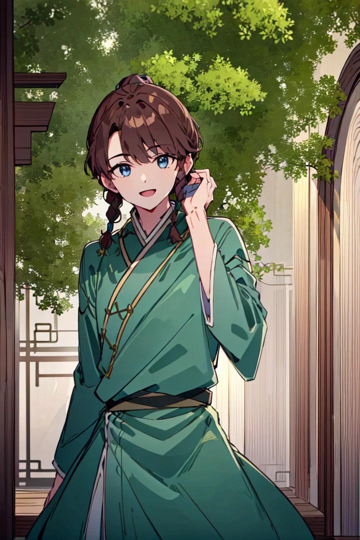 1boy, (Highest picture quality), (Master's work), (ultra-detailed), (Detailed eye description:1.2), (masterpiece, best quality, high quality, highres, ultra-detailed), solo, dark blue eyes, brown hair, braids, asymmetrical bangs, (bunch top of head:1.3), green clothes, trees, leaves in air, warm atmosphere, sunny day, walk throw street, chinese style, city, street, smiles, :D , back to the viewer, <lora:HuJia2:1>