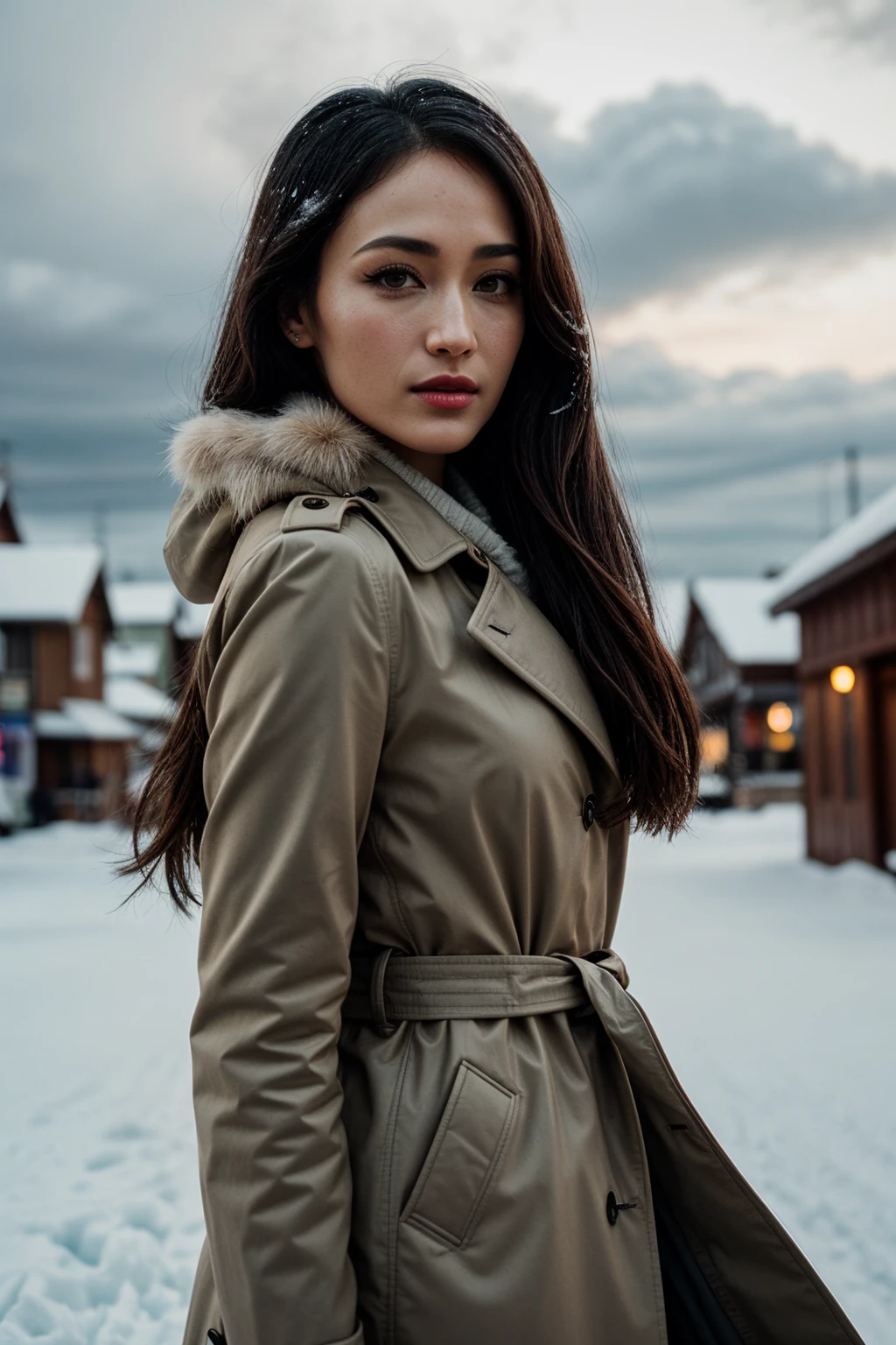 photo of (EPM4gg13Q:0.99), closeup portrait, perfect hair, (modern photo, [Longline trench coat in a sleek and glossy patent finish|Max Mara camel hair coat]), 24mm, (analog, cinematic, film grain:1.3), ((straight-on , snowy town, snow, ice, stalagmite , day, clouds , gradient:1.1)), ((detailed eyes)), ((eyeliner, long lashes)), (epicPhoto), long eyelashes, (perfect waist), (painted lips)