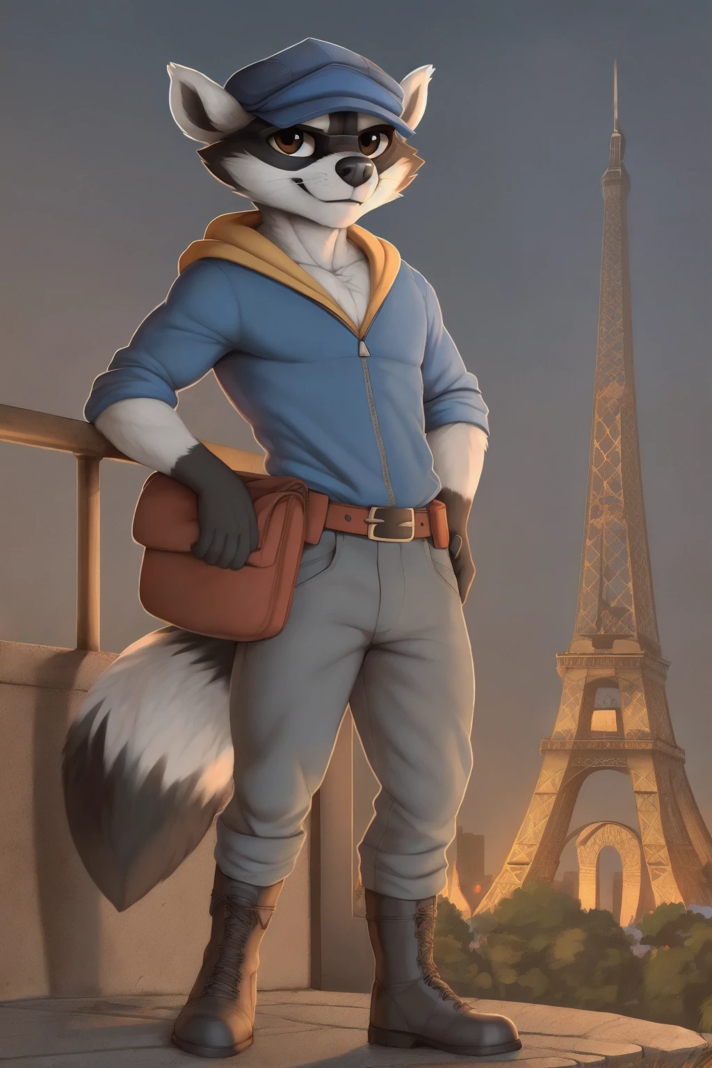 (sly cooper:1.2) Raccoon, Blue cap, Blue and yellow topwear, jacket, Belt, Belt bag, Black boots, Black gloves, Grey pants, Brown eyes, solo, male, (holding cooper's cane:1.5),
(paris, detailed background, night, standing on top of roof, Eiffel Tower)
((by yakovlev-vad, by zackary911, by zonkpunch, by oystercatcher7)), (uploaded on e621, full-length portrait, masterpiece, best quality, high quality, 2k, 4k, hires, digital media \(artwork\))
<lora:Sly Cooper (Movie Version)_V1 - FRLione160Vprede133_-step00002600:0.8>