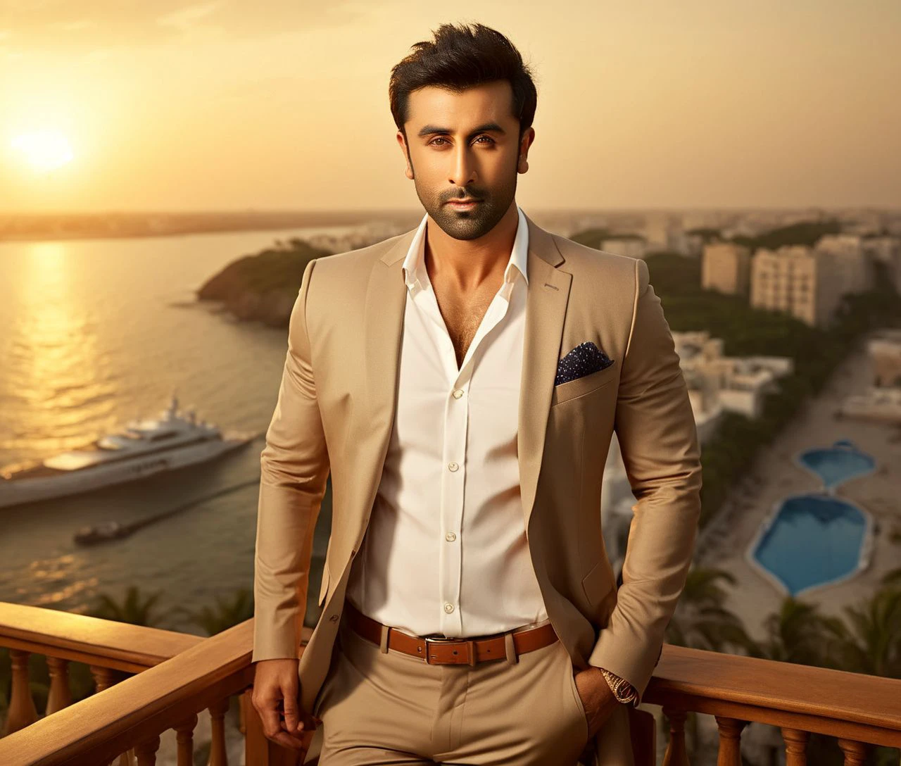 Nautical-themed (Photo:1.3) of (Ultrarealistic:1.3) <lora:Man_Men_FFashion:1> ranbir kapoor a man <lora:ranbir-kapoor:1> in a tan suit standing on a balcony, sun behind him, inspired by Pablo Munoz Gomez, shot at golden hour, editorial photograph, midshot of a hunky, by Roman Bezpalkiv, by Artur Tarnowski, maxim sukharev, by Gabor Szikszai,Highly Detailed,(Mono Color:1.3) . Sea, ocean, ships, maritime, beach, marine life, highly detailed