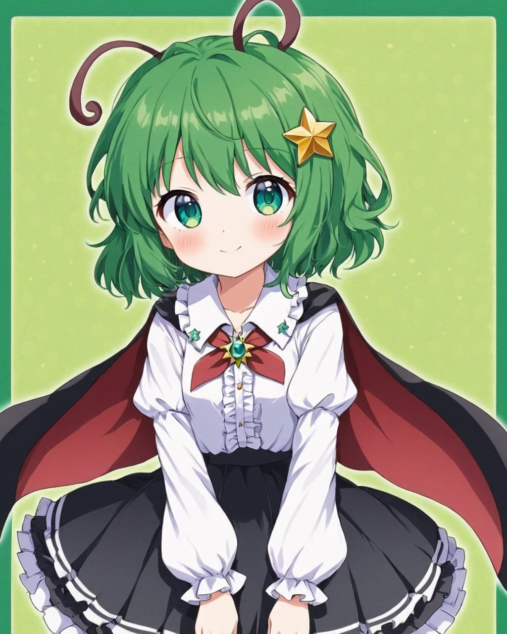 wriggle nightbug,1girl, solo, sample_watermark, traditional_media, marker_\(medium\), smile, brooch, closed_mouth, looking_at_viewer, cowboy_shot, frilled_skirt, antennae, white_shirt, black_skirt, frilled_shirt, green_background, long_sleeves, blush, hair_bow, black_cape, frilled_sleeves, red_bow, frilled_shirt_collar, head_tilt, ribbon
<lora:wriggle_nightbug_image3698_2023-12-11-000006:1>,star-shaped_pupils,symbol-shaped_pupils,. gorgeous,key visual, vibrant, studio anime,award-winning, professional, highly detailed,high budget, cinemascope