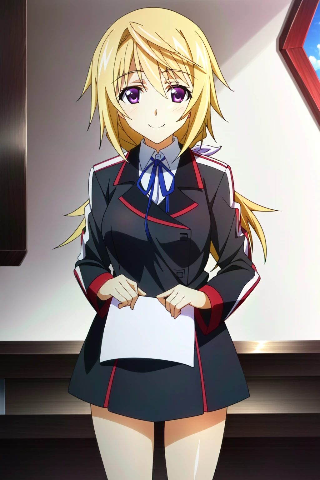 (extremely detailed CG unity 4k wallpaper),(masterpiece),(best quality),(ultra-detailed),(best illustration),(best shadow),(absurdres),(detailed background), <lora:OGT_Charlotte_Dunois-v1:0.9> Charlotte Dunois, 1girl, blonde hair, long hair, smile, ribbon, school uniform, solo, looking at viewer, purple eyes, hair ribbon, ponytail