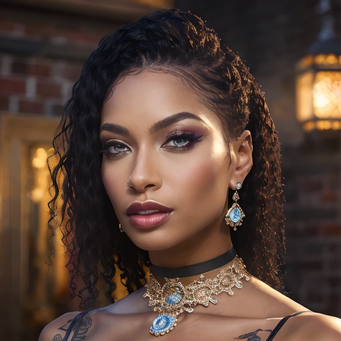 (masterpiece:1.2), (best quality,:1.2), 8k, HDR, ultra detailed, ((photorealistic)), professional light, cinematic lighting, fashion photography, ambient lighting, face lighting, Sarai, <lora:Sarai-10:1>, dynamic pose, earrings, dark makeup, choker, necklace, ((portrait shot)), <lora:detail_slider_v4:2>, OverallDetail, ffhanddetail, ffacedetail, skindetail,