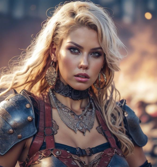 (masterpiece:1.2), (best quality,:1.2), 8k, HDR, ultra detailed, ((photorealistic)), professional light, cinematic lighting, fashion photography, ambient lighting, face lighting, Bridgette, <lora:Bridgette-10:1>, dynamic pose, earrings, choker, messy and long blonde hair, dark makeup, ((upper body shot)), OverallDetail, fhanddetail, ffacedetail, middle-aged, as female survivor, wearing leather and scrap metal armor, <lora:detail_slider_v4:3.5>, looking at viewer, <lora:PostApocalypticV1:0.6>, 99post96apocalyptic44, in a deathmatch arena