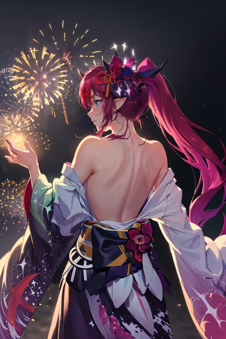 masterpiece, best quality, absurdres, IrysNewYears, heterochromia, twintails, hair flower, print kimono, wide sleeves, obi, aurora, back, bare back, bare shoulders, constellation, crescent moon, (facing away:1.3), fireworks, from behind, light particles,
off shoulder, <lora:CHAR-IRySv2:1>