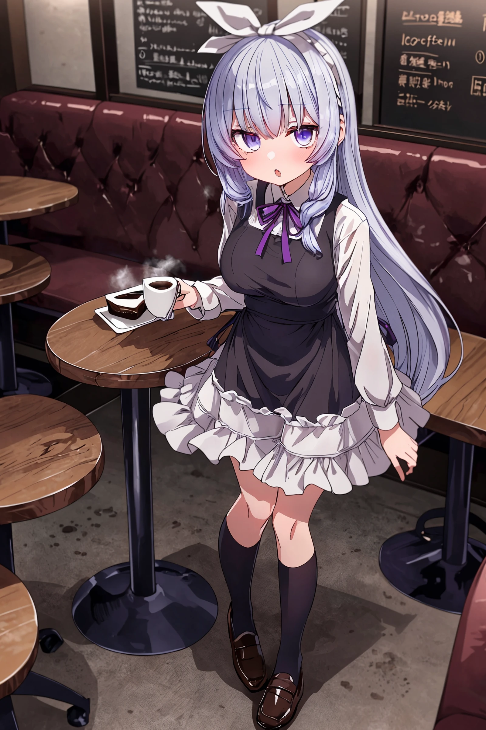 <lora:sumiyao+MEI2-000014:0.7> sumiyao+, (masterpiece, top quality, extremely detailed, best quality, beautiful and aesthetic:1.2), (1girl:1.3), original, high resolution, surreal,, from above, (coffee shop:1.4), coffee, table, chairs, dusk, standing on one leg, white hair, very long hair, flipped hair, iridescent eyes, petite, idol clothes, dress shoes, medium breasts, angry, ribbon hairband, :o