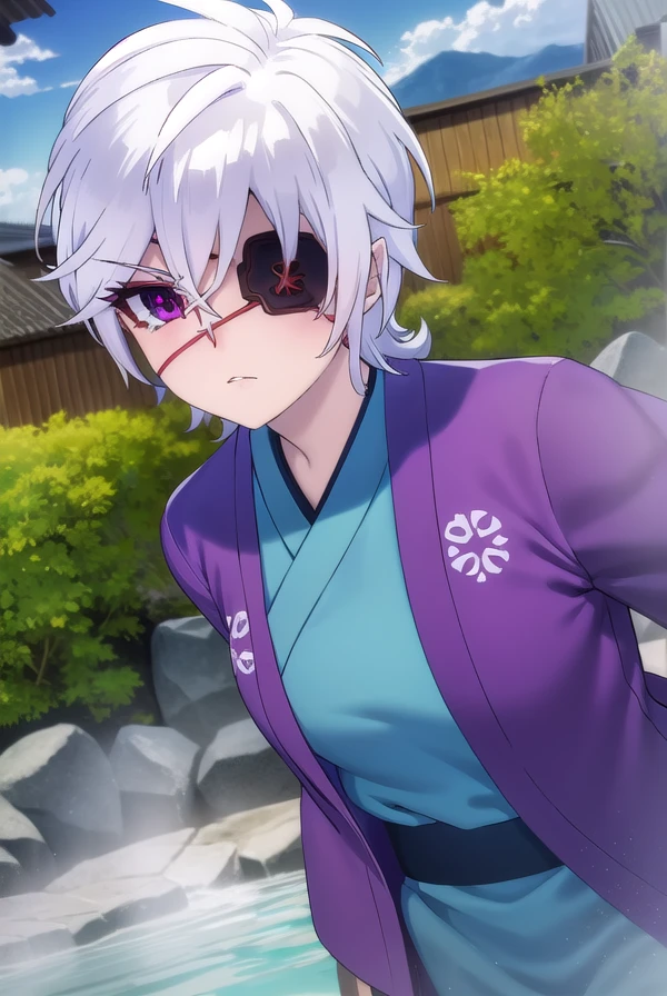 oboroshintou, <lora:oboro shintou s1-lora-nochekaiser:1>,
oboro shintou, (purple eyes:1.1), white hair, (eyepatch:1.5),
BREAK japanese clothes, kimono, blue kimono, haori,
BREAK outdoors, hot spring, onsen,
BREAK looking at viewer, (cowboy shot:1.5),
BREAK <lyco:GoodHands-beta2:1>, (masterpiece:1.2), best quality, high resolution, unity 8k wallpaper, (illustration:0.8), (beautiful detailed eyes:1.6), extremely detailed face, perfect lighting, extremely detailed CG, (perfect hands, perfect anatomy),