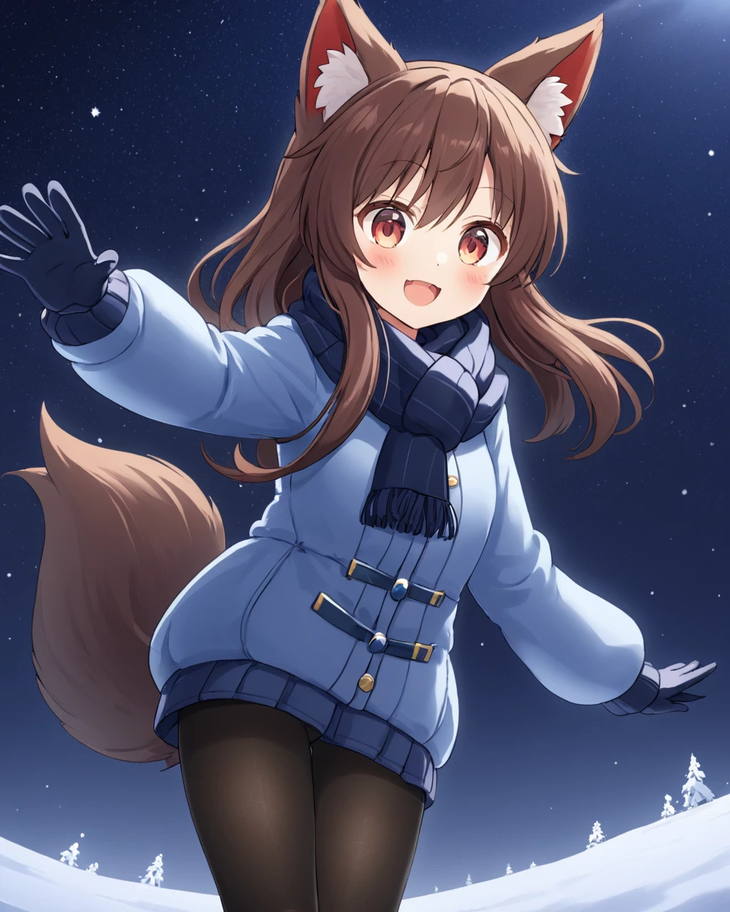imaizumi kagerou,1girl, solo, wolf_tail, scarf, smile, open_mouth, looking_at_viewer, waving, blush, black_pantyhose, gloves, sky, long_sleeves, winter_clothes, alternate_costume, night, fang, breath
<lora:imaizumi_kagerou_image5677_2023-12-20-000008:1>,star-shaped_pupils,symbol-shaped_pupils,. gorgeous,key visual, vibrant, studio anime,award-winning, professional, highly detailed,high budget, cinemascope